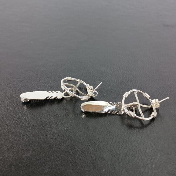 Native America Navajo Sterling Silver Turquoise Post / Dangling Feather Earrings - Picture 5 of 7